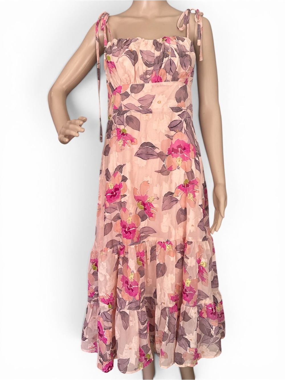 NWT Lulus Tea Party Chic Pink Floral Print Tie-Strap Tiered Midi Dress M - Picture 9 of 9